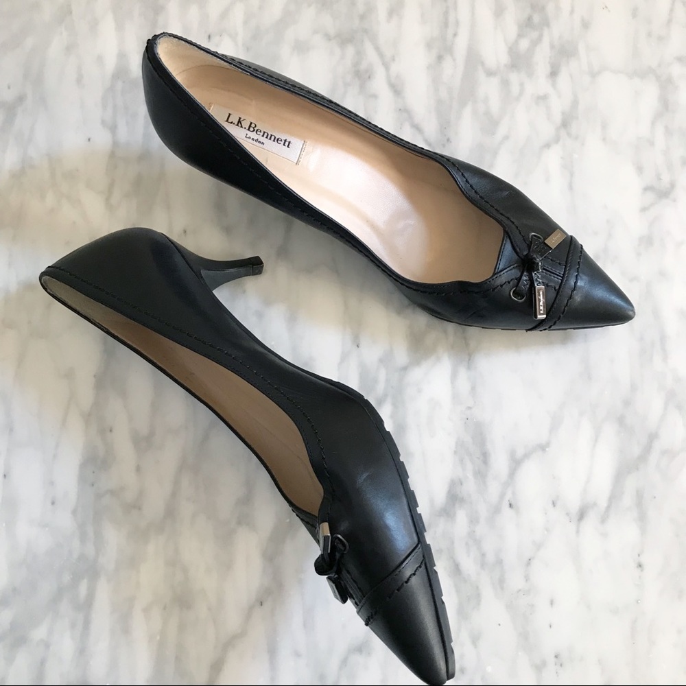 L. K. Bennett Black Leather Bow Kitten Heels